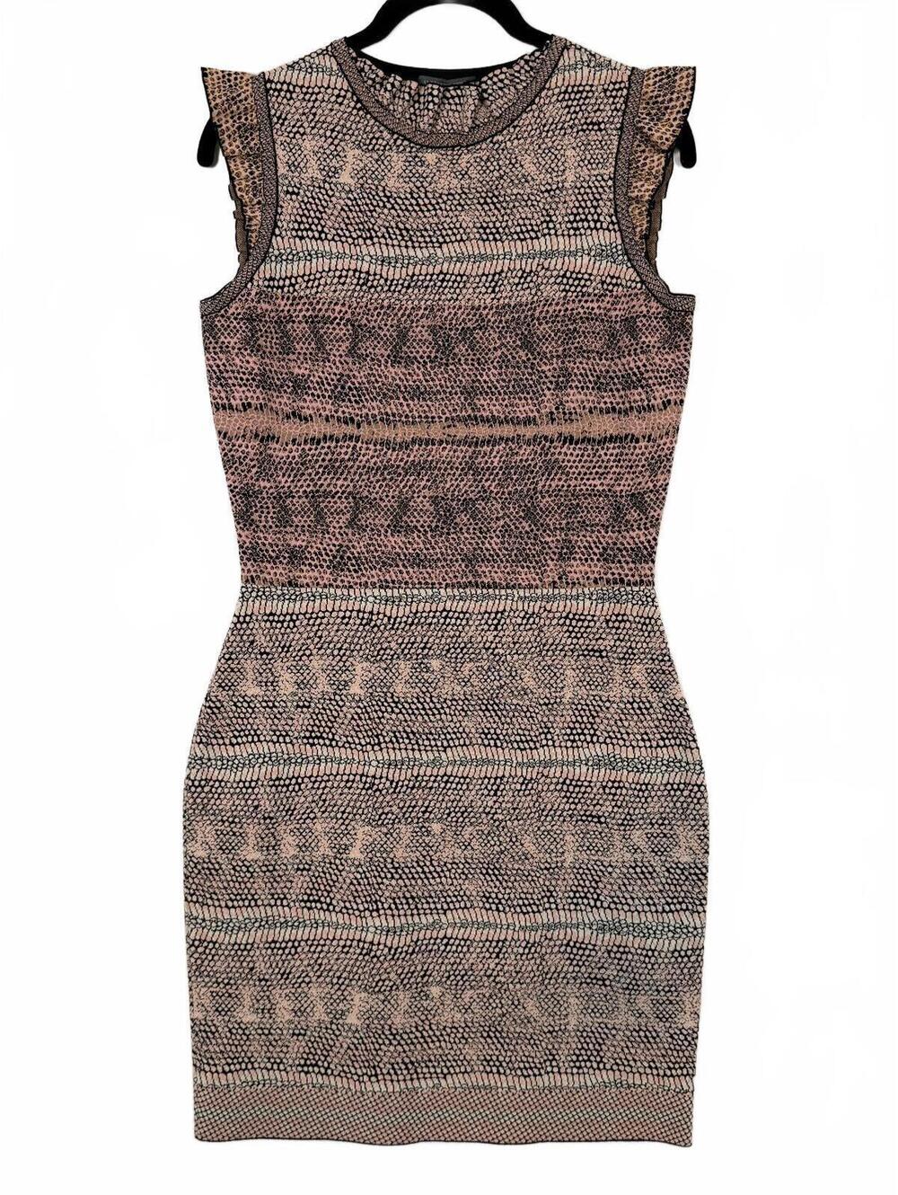 Alexander McQueen Pink Grey Snakeskin Python Jacquard Knit Ruffle Mini Dress M
